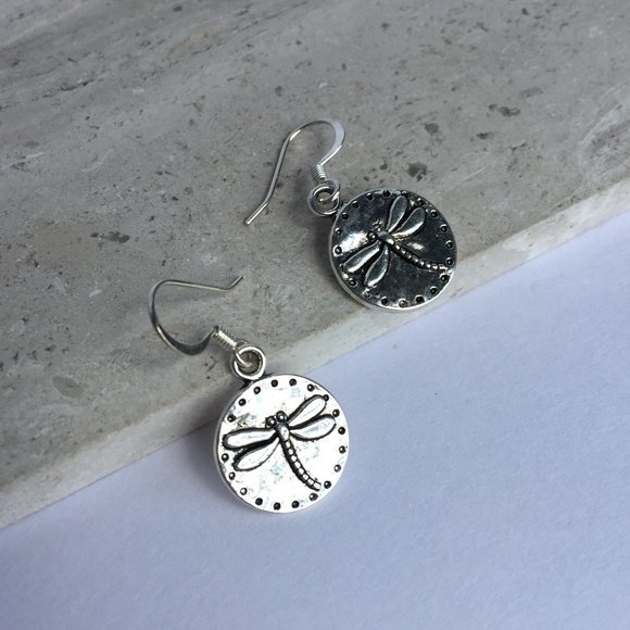 Silver Dragonfly disk Earrings - Picture 4 of 4